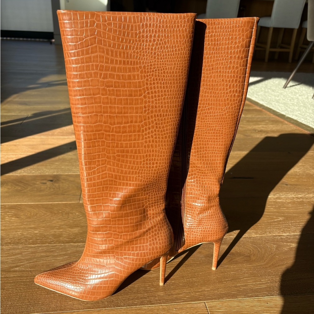 Elegant Brown Croc-Embossed Knee-High Boots
